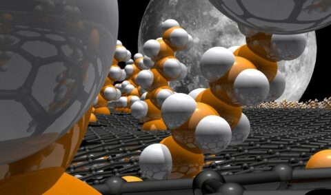 Artist's impression of a layer of graphene (grey) with other molecules attached. (Image: FAU/SFB 953)