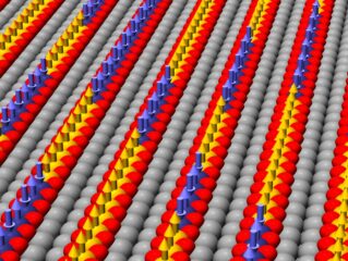 Diagram showing the one-dimensional atom chains: the oxygen molecules (red) separate the metal atoms – here cobalt (yellow) and iron (blue) – from the iridium substrate (grey). The arrows show the different magnetisation of the different metals. (Image: FAU/Pascal Ferstl)