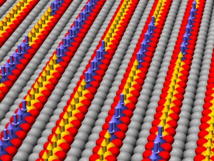 Diagram showing the one-dimensional atom chains: the oxygen molecules (red) separate the metal atoms – here cobalt (yellow) and iron (blue) – from the iridium substrate (grey). The arrows show the different magnetisation of the different metals. (Image: FAU/Pascal Ferstl)