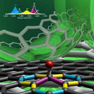 Section of a graphene network with chemically bound hydrogen atom: the spectral vibrational signature of the single carbon-carbon bonds adjacent to the bound hydrogen atom is highlighted in different colours. (Image: Frank Hauke)