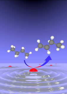 A diagram illustrating the processes at the catalytic surface of a liquid drop of gallium containing small amounts of palladium during the catalytic dehydrogenation of n-butane. (Image: FAU/Mathias Grabau and Florian Maier)