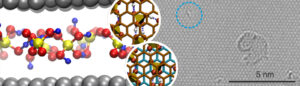 The left side shows an atomic configuration from the molecular dynamic simulation. The picture was taken by the group headed by Prof. Dr. Bernd Meyer. The right side shows an image taken by the transmission electron microscope by the group led by Prof. Dr. Ute Kaiser. (Image: FAU/Bernd Meyer; Universität Ulm/Ute Kaiser)
