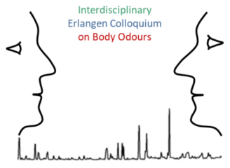 The picture shows a graphic. On the left and right of the image are two heads which look at each other. Between them is a graph and the title of the colloquium.