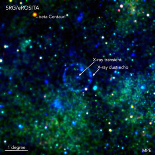 The ring is caused by X-rays scattered on a dust cloud in the plane of the Milky Way. The origin of the radiation is the faint blue object in the centre of the ring, assumed to be a black hole circled by a companion star. (Image: Georg Lamer, Leibniz-Institut für Astrophysik Potsdam, Davide Mella)