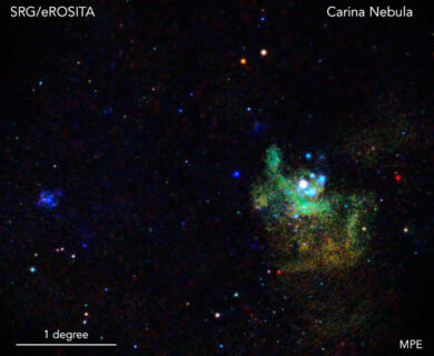 The Carina Nebula is one of the largest diffuse nebulae in the Milky Way and hosts a large number of massive, young stars. (Image: Manami Sasaki, Dr. Karl Remeis Sternwarte/FAU, Davide Mella)