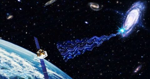 The photo symbolically shows a satellite in Earth orbit, which receives radiation from a supernova from a distant galaxy.