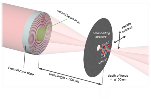 Fresnel zone plates are most commonly used as diffractive focusing elements in X-ray microscopy. In the Erlangen-STXM at the Paul Scherrer Institute, the beam is focused onto the specimen, which is raster-scanned at highest precision. The transmitted beam is sensitive to local X-ray absorption, which is a probe to elemental, electronic, magnetic, or chemical variations. (Image: Dr. Benedikt Rösner, Paul Scherrer Institute)