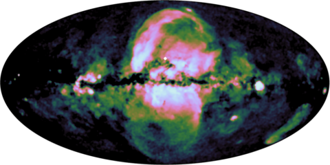 The eROSITA bubbles. In this false-colour map the extended emission at energies of 0.6-1.0 keV is highlighted. The contribution of the point sources was removed and the scaling adjusted to enhance large-scale structures in our Galaxy. (Image: MPE/IKI)