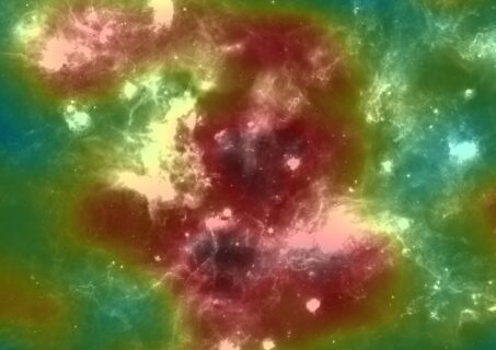 Infrared map from the Cocoon region overlaid with gamma-ray significance map from HAWC. (Image: TeV: Binita Hona (HAWC Collaboration), IR: Hora et. al, Spitzer’s Growing Legacy, ASP Conference Series, 2010, P. Ogle, ed.)