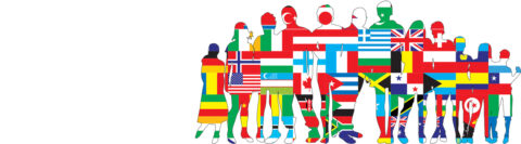The image shows the silhouettes of several people. Inside the silhouettes are several country flags.