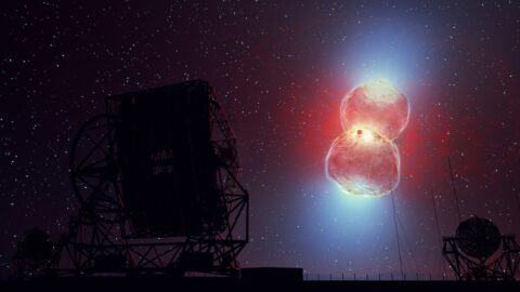 Artist’s impression of the RS Ophiuchi Nova outburst. The fast shockwaves form an hourglass shape as they expand, in which gamma-rays are produced. This gamma-ray emission is then detected by the H.E.S.S. telescopes (shown in the foreground). (Credit: DESY/H.E.S.S., Science Communication Lab.)
