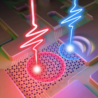 Illustration of the gold-graphene structure in which electron waves from real and virtual charges are targeted with two ultrafast laser pulses. The combined effect can be used in an ultrafast logic gate. (Image: Michael Osadciw, University of Rochester)