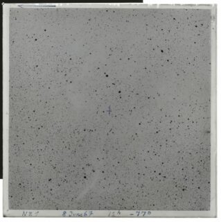 The photographic plate shows a negative of a section of sky in the Chamaeleon constellation in the southern sky. The stars are indicated as black points. High-resolution scans of such photographic plates are several hundred megapixels in size. (Image: Dr. Karl-Remeis-Sternwarte Bamberg)